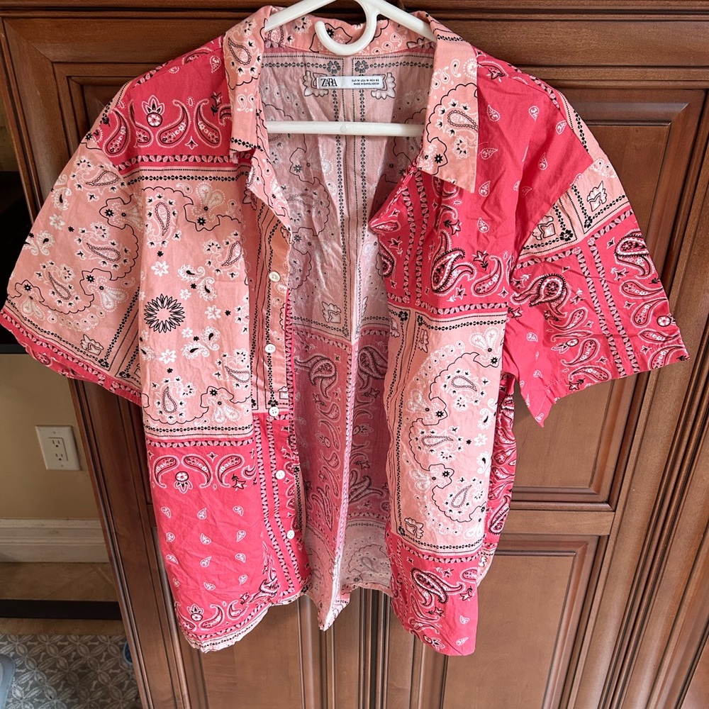 Zara Men's Casual Red and Pink Bandana Shirt